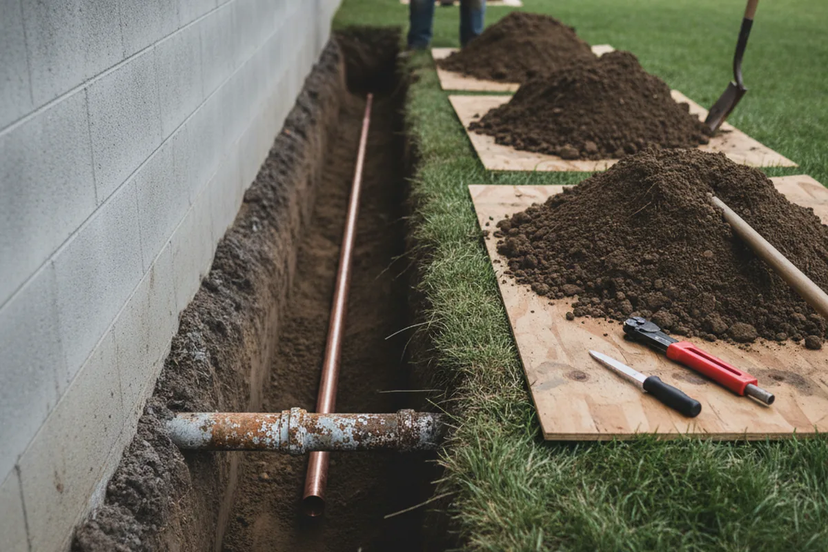 Excavated water line trench during Water Softener Installation in Lawler